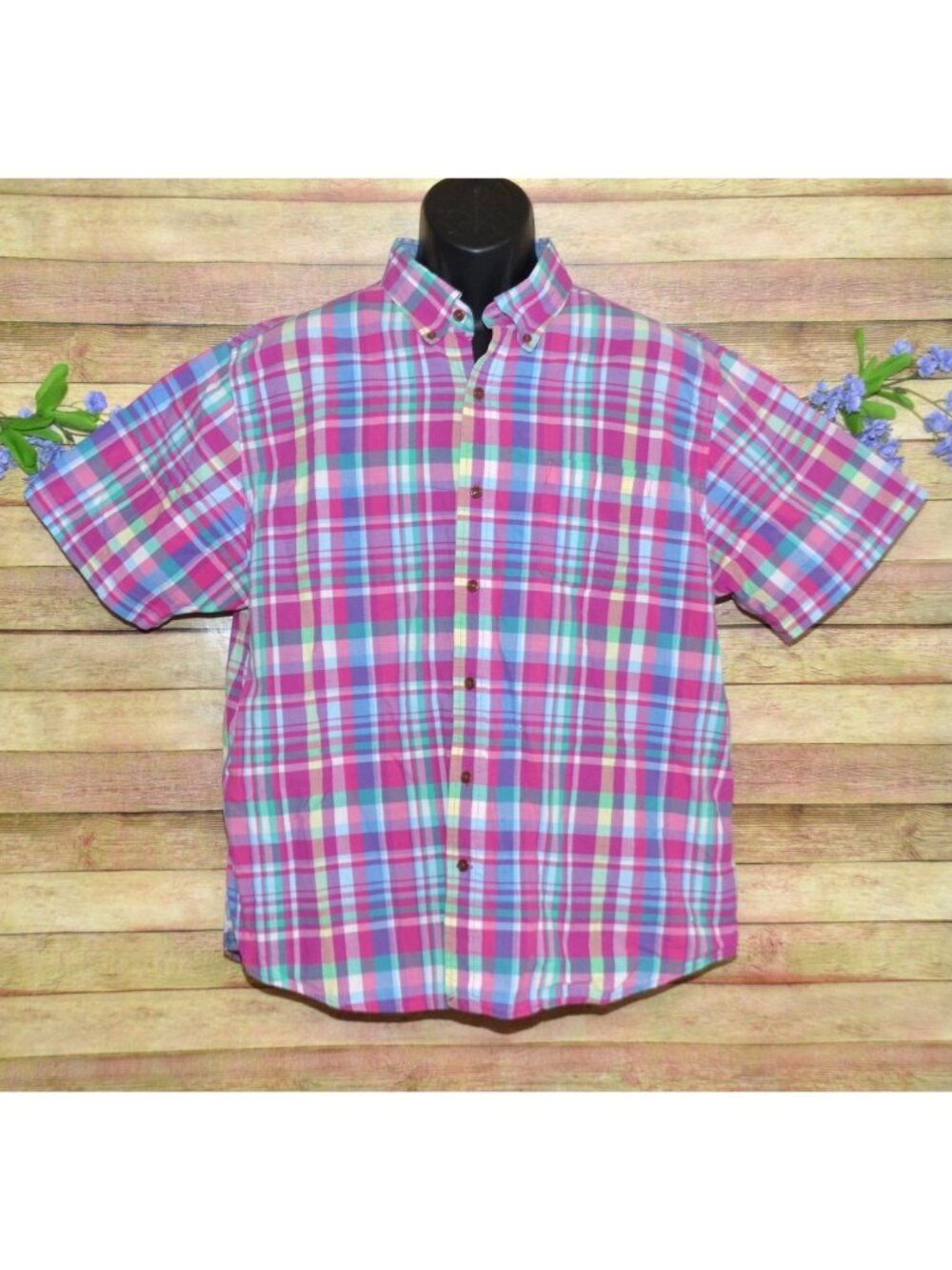 Lands' End Mens Button Down Shirt XL Pastel Plaid Short Sleeve Cotton Preppy